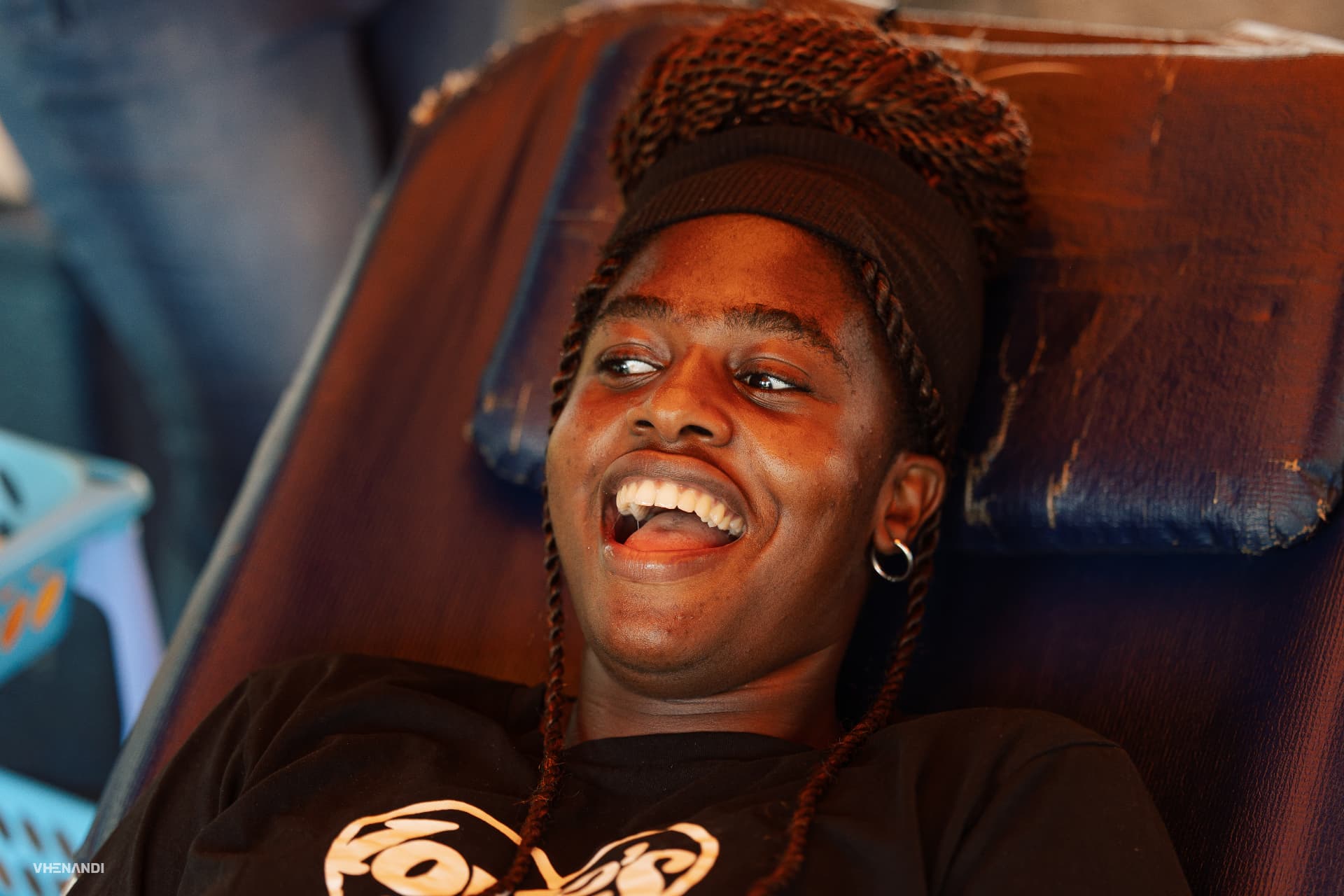 A donor smiling while resting after giving blood at a Bloodline drive