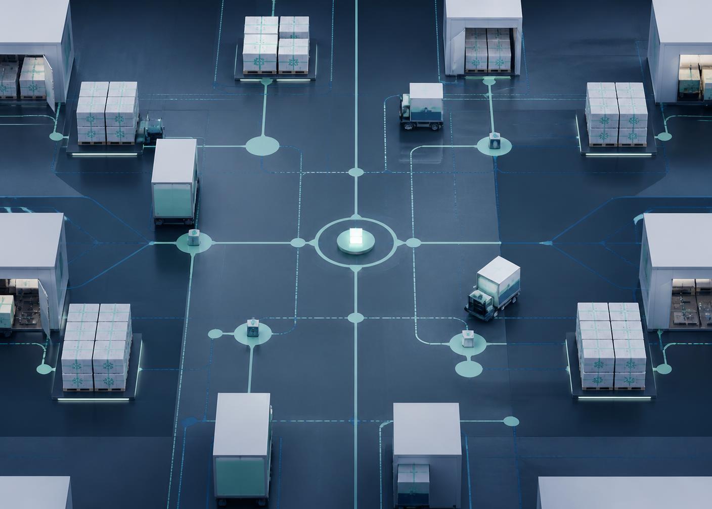 Overhead view of a coordinated logistics hub with connected nodes and temperature-controlled cargo
