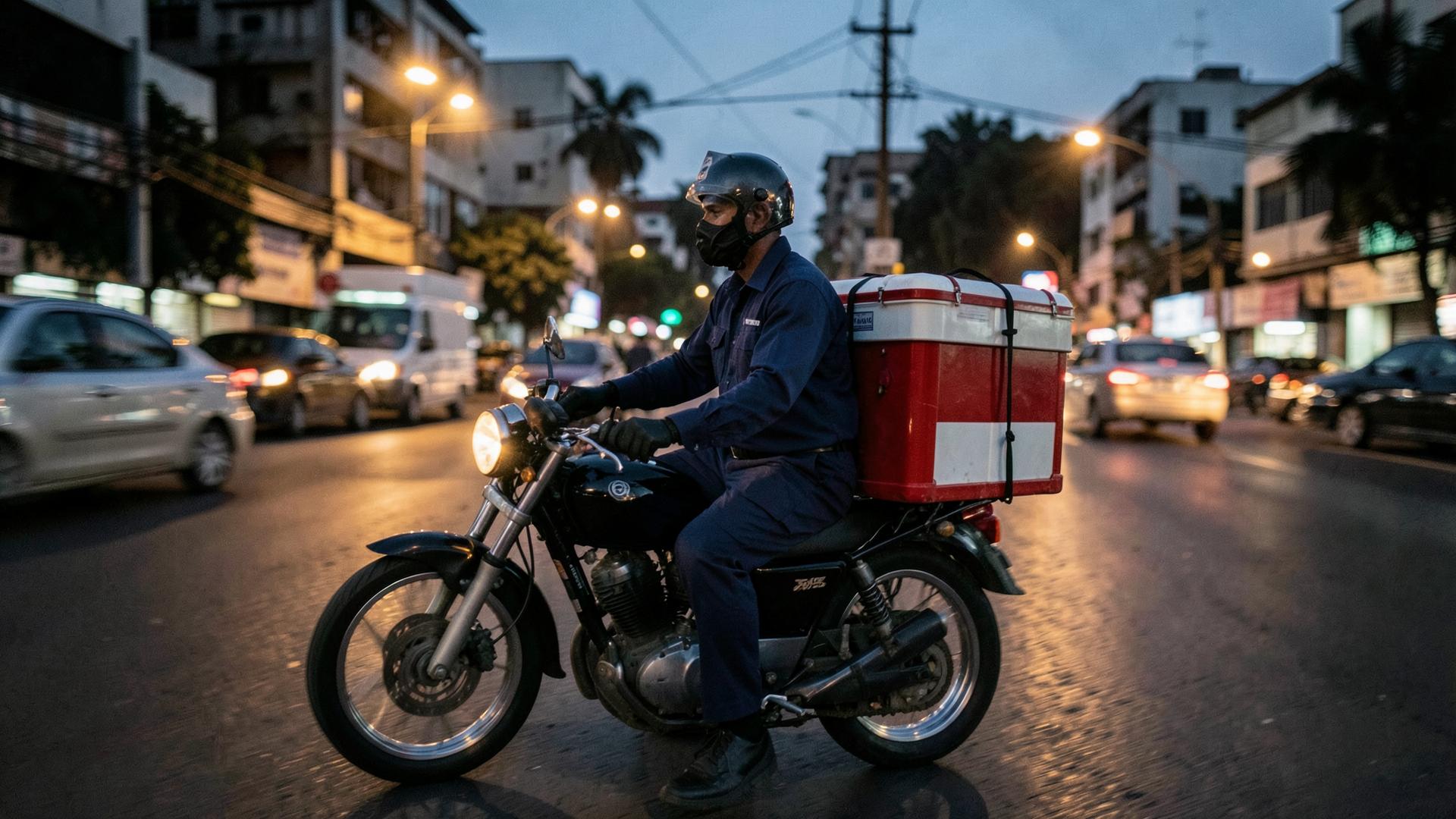 A Trinova medical courier riding through Accra at dusk with a cold-chain blood transport box