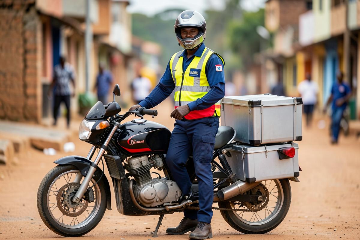 A trained medical courier rider with a motorcycle and insulated cold-chain box