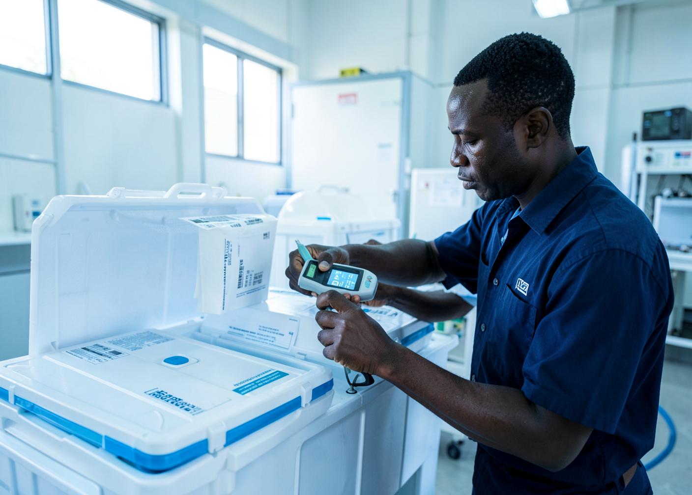 Technician verifying a temperature data logger on a validated cold-chain box
