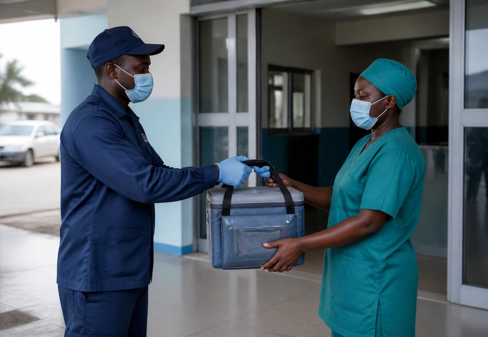 A Trinova courier handing a sealed cold-chain medical transport box to hospital staff